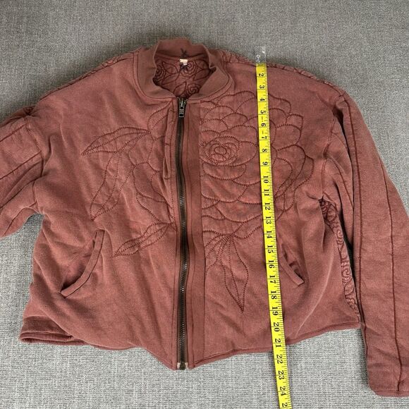 Free People Rose Front Zip Jacket Red Cinnamon Floral Embroidered Womens XL - Picture 10 of 11